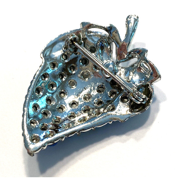 Vintage Mid Century Brooch Silvertone & AB Blue Rhinestones Pin Strawberry Leaf - Picture 5 of 6